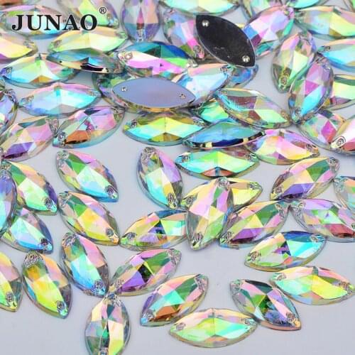 JUNAO 6*12mm 9*18mm Sew On Crystal AB Horse Eye Rhinestones Flatback Acrylic Stones Sewing Crystal Strass For Needlework Crafts