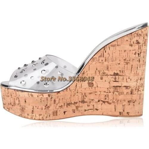 Wedges Platform Slippers Wood Heel Crystal Transparent PVC Sandals Open Toe High Heel Dress Women Shoes Handmade Slip On Shoes