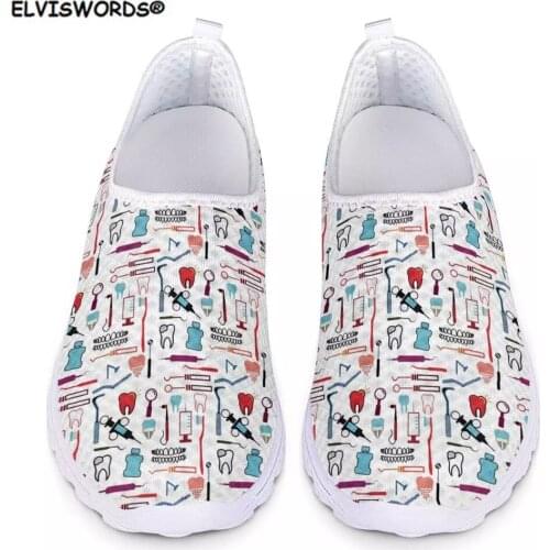 ELVISWORDS Cute Dental/Tooth Print Summer Women Flat Shoes Casual Sneakers Ladies Comfortable Mesh Breath Loafers Shoes Mujer