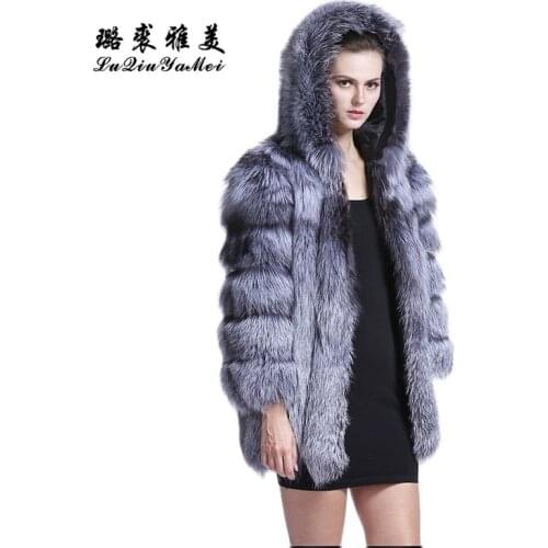 LM 2020 High Quality Fox Fur Coat Long Fox Warm Women Coat Winter Fashion Genuine Leather Fox Furs With Fur Hood Womens Coat