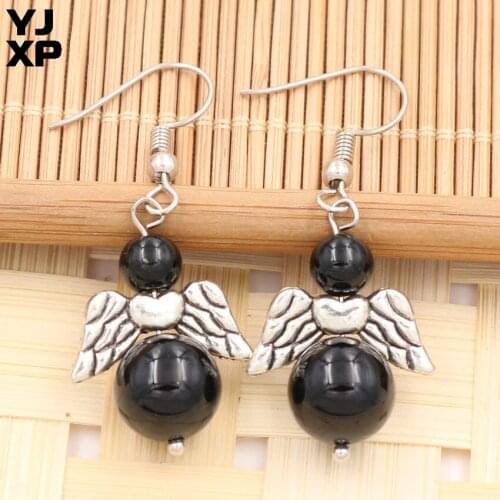 YJXP Silver Plated Black Agates Round Beads Drop Earrings For Women Angel Wing Jewelry