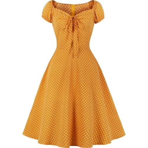 Yellow 50s 60s Pin Up Robes Vintage Button Front Polka Dot Summer Short Sleeve Dresses Women Party Belted Cotton Midi Dress
