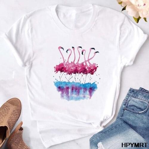 2020 New Summer Womens T-shirts Flamingo Print T Shirt Casual Streetwear White Tops Short Sleeve Harajuku Tshirt Female Clothes