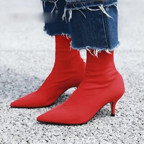 Women Ankle Sock Boots 2021 Fashion Autumn Winter Stretch Boots 6CM Stiletto High Heels Pointed Toe Women Shoes Red Black