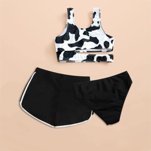 8-14 Years Girls Swimsuit 2021 Girls' Summer Cute Criss Cross Black Cows Print Three-piece Swimsuit 3pcs Girls Swimming Set
