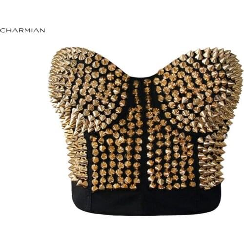 Charmian Womens Sexy Punk Golden Rivet Bra Top Striking Burlesque Studded Dance Clubwear Body Shapewear Cincher Bustier Corset