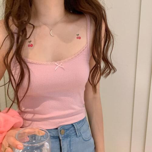 2021 summer new bow lace edge crop tops off shoulder spaghetti strap tanke top sleeveless solid color camis for women ins