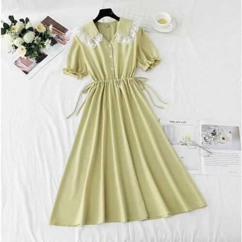 Summer Dress Women Lace doll collar Sweet Short sleeve Chiffon Dresses Drawstring Elastic Waist Solid Elegant Dress 2021 New