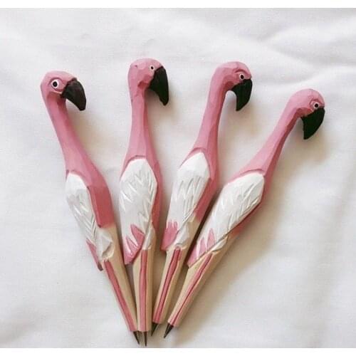 Flamingo Ballpoint Biro Pen Handmade Carved Wooden Animal Stationery Tropical Bird Craft Pen Party Favor School Students Prize