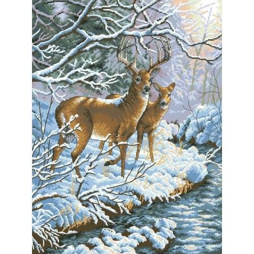 100% egypt COTTON Counted Cross Stitch Kit Creekside Deer by Creek River Streams Winter Morning Snow dim 35182