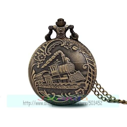 100pcs/lot 0012# special Vintage Bronze Train Front Locomotive Engine Necklace Quartz Pocket Watch Chain Railway Watch