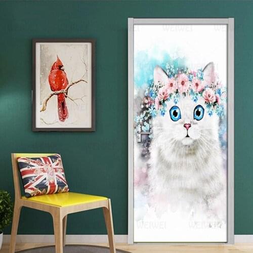 2 Pcs/Set Door Sticker Cartoon Cat Wallpaper DIY Self-adhesive Living Room Bedroom Door Wall Sticker Mural Decals For Home Decor