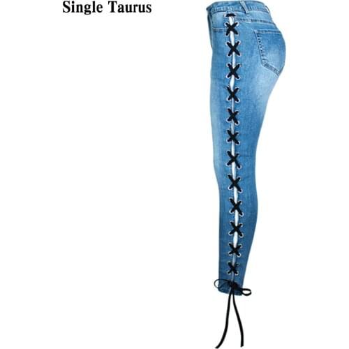 2021 Spring Side Stripe Bandage Female Jeans Fashion Casual Denim Blue Pants for Women Lace Up Skinny Pantalones Vaqueros Mujer