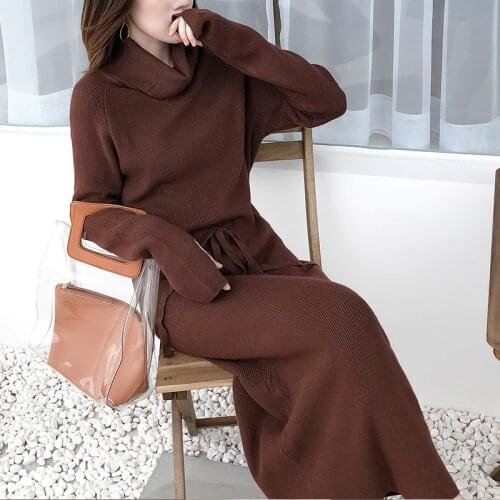 2020 Autumn Winter Women Turtleneck Loose Long Sweater Dress Robe Knitted Sweaters Drawstring Dress Female Oversize Maxi Dress