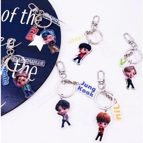 7pcs/lot Kpop Cartoon Dynamite Acrylic Keychain Cute Jungkook V Rm Suga Jin Jhope Jimin key Ring Figure Pendant Gift
