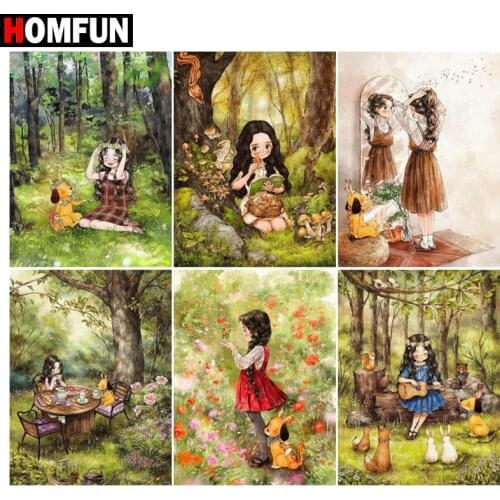 HOMFUN 5D DIY Full Diamond Embroidery "Girl forest flower animal" Diamond Painting Cross Stitch Rhinestone Home Decoration