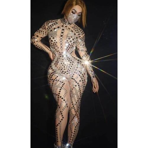 Glittering Silver Mirror Stone Sequins Jumpsuit Women Pants High Street Wearing Stretch Tights Nightclub Bar Dj Ds Dance Costume