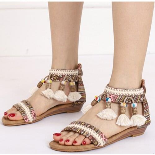Bohemia Style Women Sandals Tassel String Bead Peep Toe Flat Sandals Woman Plus Size Embroider Ladies Gladiator Summer Shoes