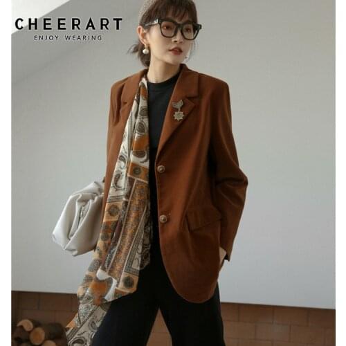 CHEERART Brown Velvet Blazer Badge Shoulder Pad Ladies Blazer Coats And Jackets With Scarf Casual Blazer Women Fall Clothes