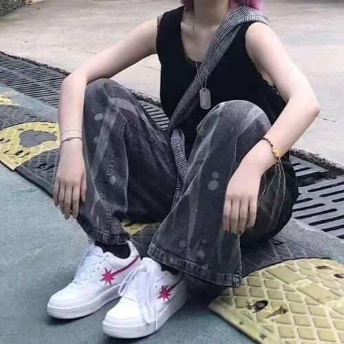 Tie-dye Black Jeans Unisex Pants Loose Straight Wide-leg Pant Denim Trousers Men and Women 2019 Autumn Street Style Streetwear