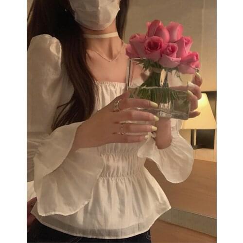 Elegant Chiffon Blouse Ladies Casual Korean Fashion Long Sleeve Shirts Women 2021 Autumn Sweet Pure Color Y2k Tops Female Chic