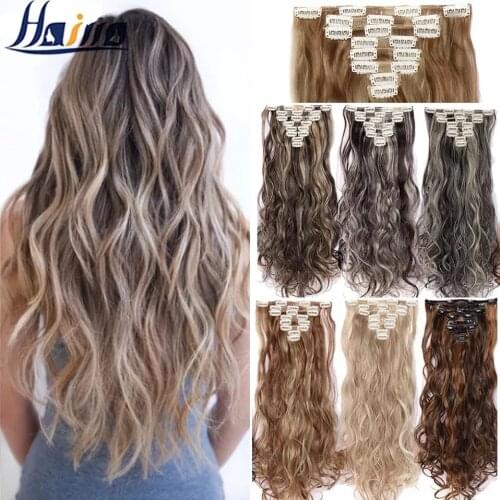 SNOILITE 24inch 170g Long Wavy 18 Clips in False Hair Styling Synthetic Hair Extensions Hairpiece 8pcs/set Soft Natrual Black