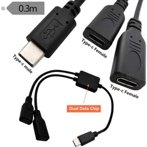 1 in 2 cable USB-C USB 3.1 Type-C Male to 2* USB tpye-c Female Extension cable with chip 0.3 meter