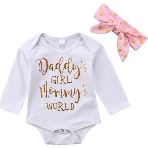 2PCS Newborn Infant Baby Girl Cotton Letter Long Sleeve Jumpsuit Bodysuit Headband Clothes Outfit Set