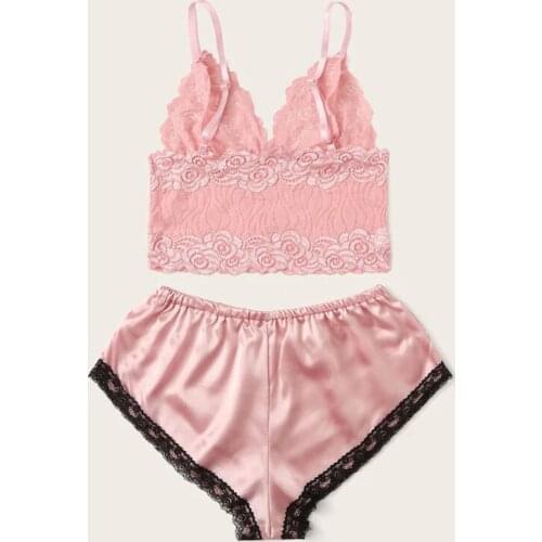 2 Pcs Sexy Women Lace Pajama Set Lingerie Lace Underwear Set Summer Sexy High-Waist Panties Underwear Set Woman