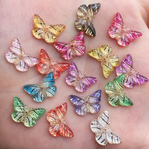 Pretty 40pcs Resin Colorful Crystal Butterfly Flat Back Rhinestone Scrapbook DIY Wedding Appliques 1 Hole Ornament Craft G41
