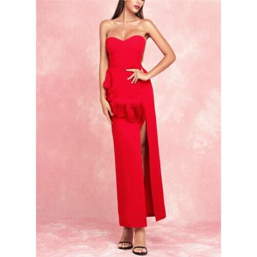 Red Vestido Strapless Lace Ruffle Slit Bodycon Maxi Long Dress Elegant Women Dress Celebrity Night Party Dress Club
