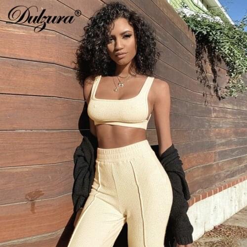 Dulzura ribbed patchwork women 2 piece set crop top tanks sweatpants high waist bodycon sexy streetwear matching workout fitness