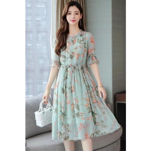 Summer Womens Large size Chiffon O Neck Dress Lotus sleeve printing Dress Female