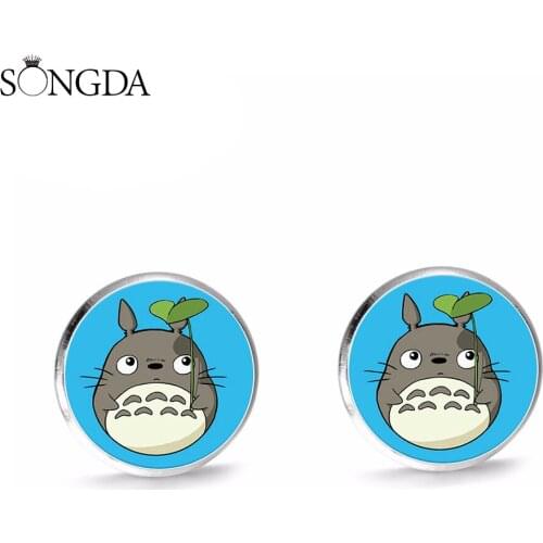 Kawaii My Neighbor Totoro Stud Earrings Cute Cartoon Totoro Printed Glass Gem Ear Nail Cabochon Earrings for Women Girls