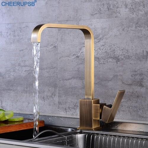 Mitigeur Cuisine Kitchen Sink Vintage Faucet Hot Cold Water Mixer Tap Waterfall Golden Faucets Square Pipe Rotatable Brushed Tap