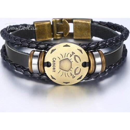 Mens 12 Zodiac Sign Horoscope Leather Bracelet 2018 Vintage Retro Charm Male Bracelets Wholesale Jewelry Gifts For Men HLBM136A