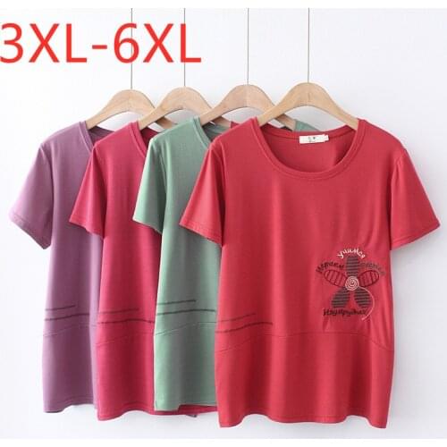New 2021 Ladies Summer Plus Size Tops For Women Large Short Sleeve Loose Red Green Cotton Floral O-neck T-Shirt 3XL 4XL 5XL 6XL