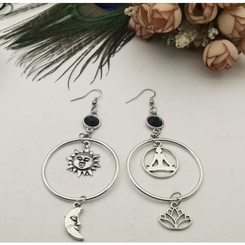 New Buddha statue asymmetric earrings, lotus earrings, sun and moon earrings, realistic earrings, a gift for girlfriend