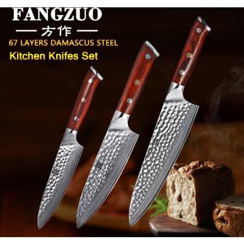 FANGZUO 67 Layers Damascus Steel Chef Knife Japanese Kitchen Knives Rose Wood Handle Utility Slicing Paring kitchen knife set