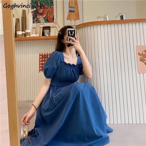 Short Puff Sleeve Dress Women Square Collar Pleated Ruffles High Waist Chic Sweet French Style Elegant Female Ulzzang Solid New