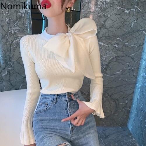 Nomikuma Sweet Bow Tie Collar Pullover Knitwear 2020 Autumn Flare Long Sleeve Knitted Tops Korean Slim Basic Women Sweater 6C872