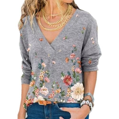 Plus Size Floral Print V-neck Long Sleeve Casual Loose T-shirt Tops Tees Shirts Spring Autumn ZC106