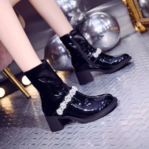 Autumn and winter square toe short tube high heel wedding boots fashion patent leather flowers all-match womens single boots