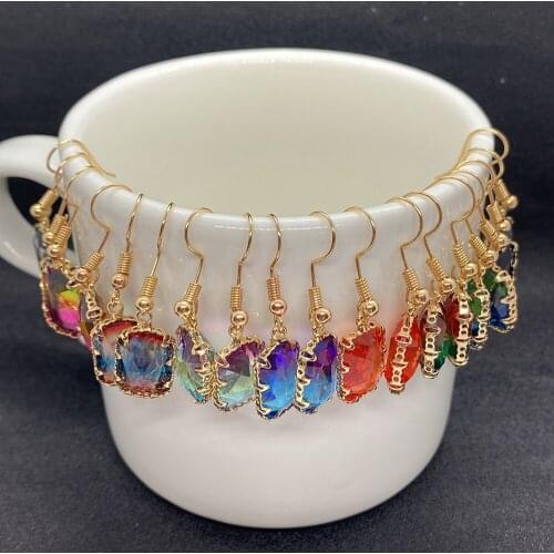 Glass Crystal Earrings Square Color Cut Surface Copper Metal Base Inlaid Crystal Long Dangle Earrings Elegant Ladies Accessories