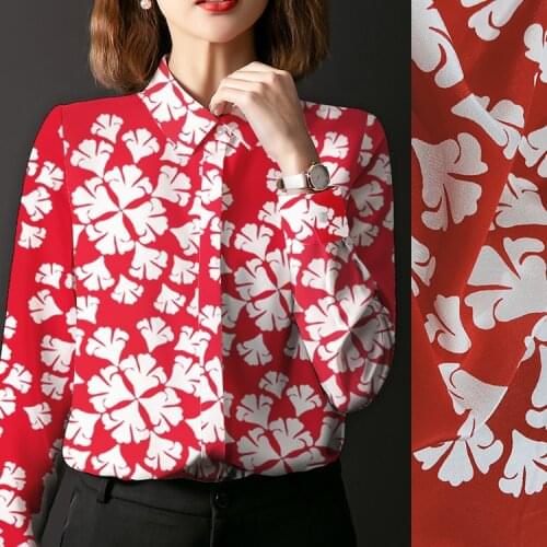 1 Meter Red Leaf Printed Silk Crepe De Chine Fabric, 16 Mm Wide