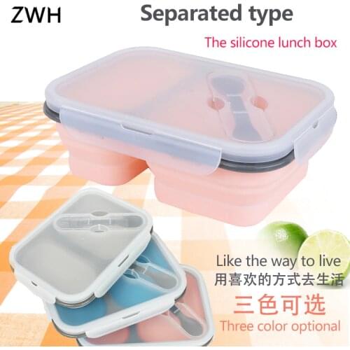 Silicone folding lunch box divided into two grid lunch box microwave portable lunch box dinner plate picnic box