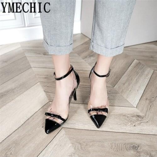 YMECHIC 2019 Fashion Sexy Thin High Heels Clear Transparent Shoes Plus Size Bowtie Ankle Strap Womens High Heel Pumps Red Blue