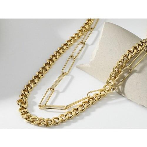 2021 Fashion Gold Plated Stainless Steel Heart Pendant Necklace For Women Double-layer Stackable Bead Chain Cuban Chain Jewelry