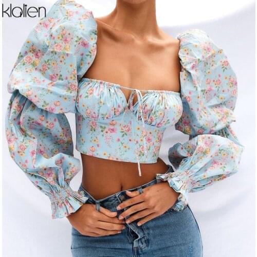 KLALIEN Spring Summer Fashion Elegant French Romantic Floral Puff Sleeve Square Collar Women Blouses New White Chiffon Shirt