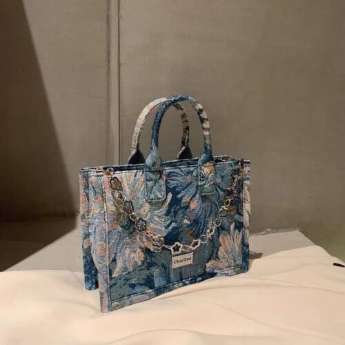 Women Bag Vintage Canvas Square Chains Zipper SOFT Floral Shoulder Bags Handbags Pures and Bags Crossbody Luxury Designer Bag